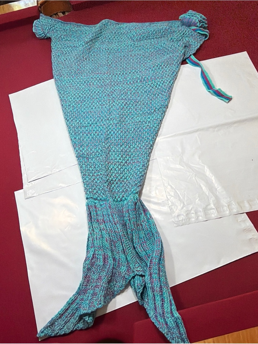 Aqua blue KNIT mermaid tail SKIRT tie waist FIN  costume teen women Small ARIEL